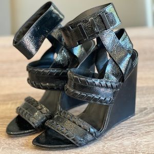 Alexander Wang black patent leather wedge heel with ankle strap, size 37.